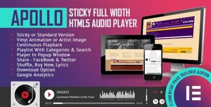 Apollo 2.3 - Sticky Full Width HTML5 Audio Player Elementor Widget - GPL Pugins Club